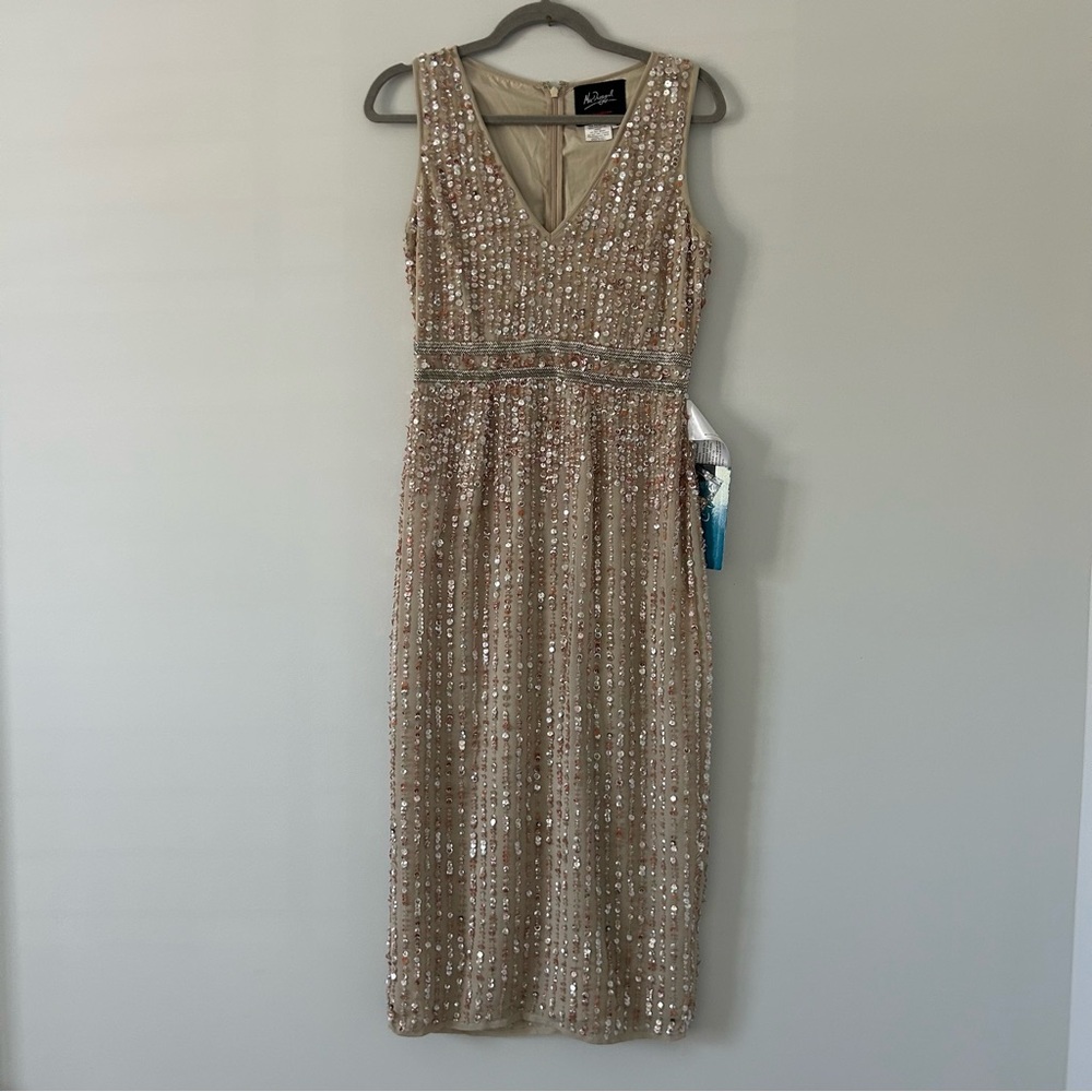 Mac Dugall V Neck Sleeveless Sequin Sheath Midi Dress 70287 Nude Beige NWT 4